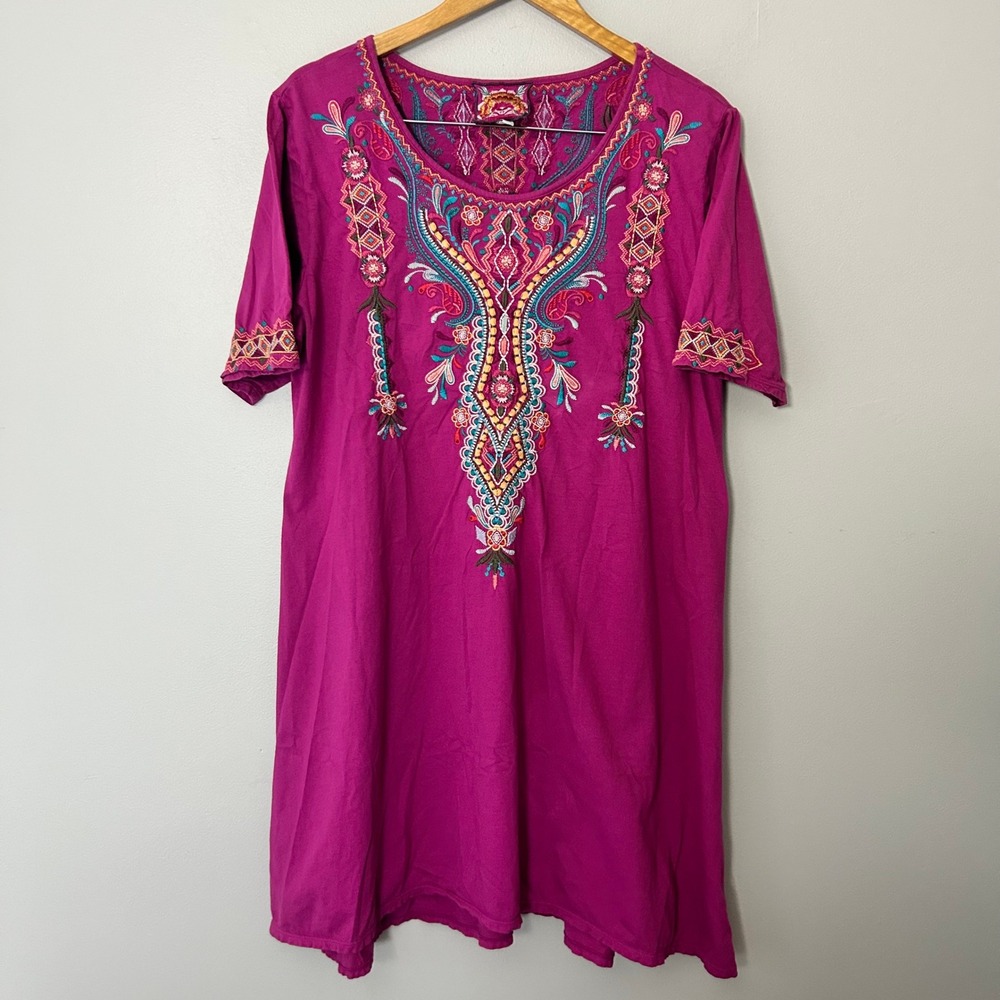 Johnny Was Tunic Dress Womens XL Magenta Floral Embroidered Cotton Boho
